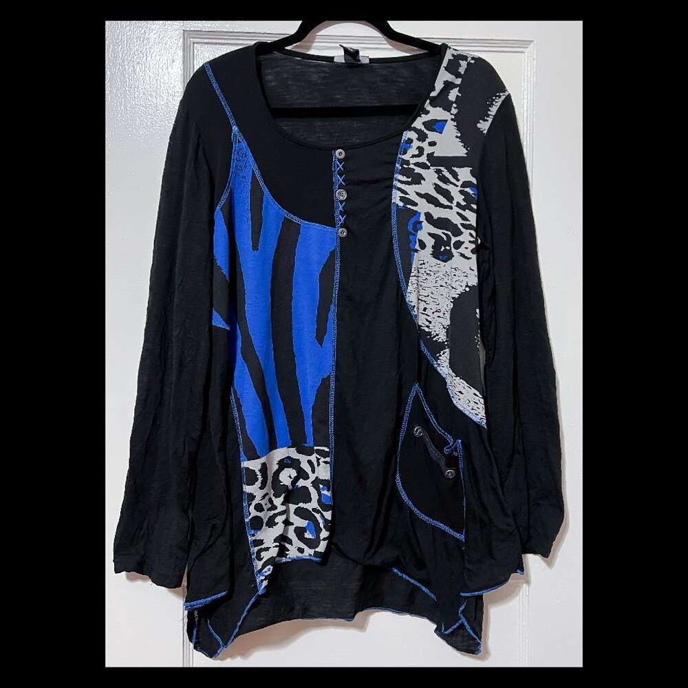 Dalin Womens Multicolor Patchwork Button Detail Pocket Tunic Top XL EUC